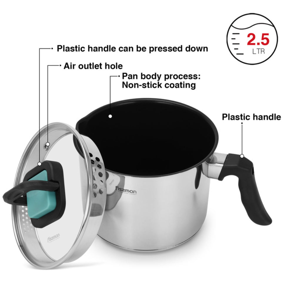 وعاء حليب فيسمان 16 سم/2.5 لتر مع غطاء زجاجي من الفولاذ المقاوم للصدأ