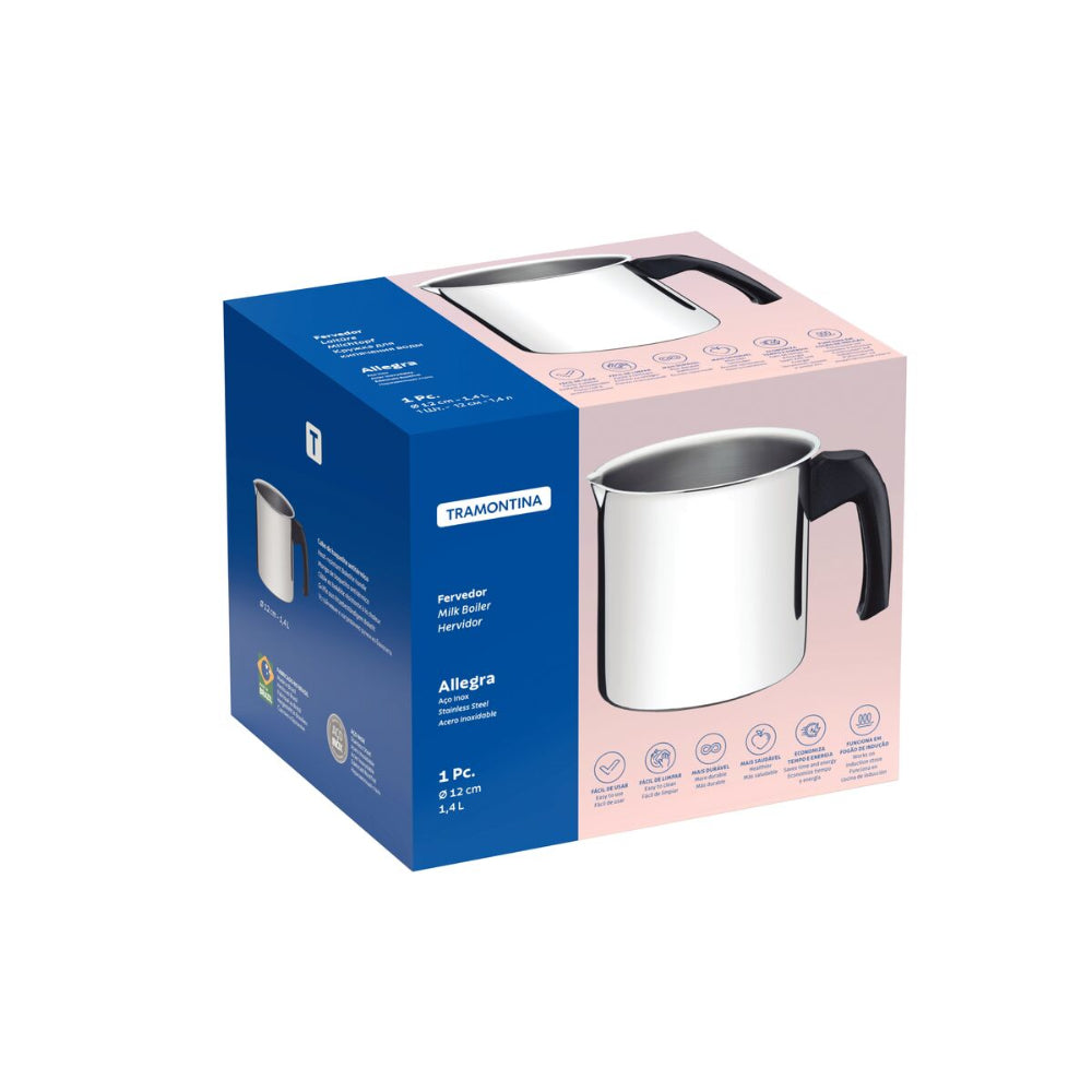 ترامونتينا منذ عام 1911، صنع في البرازيل، غلاية حليب ترامونتينا أليجرا من الفولاذ المقاوم للصدأ بمقبض من الباكليت، 12 سم، 1.4 لتر