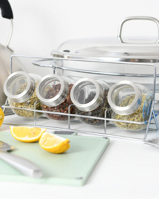 طقم توابل زجاجي من فيسمان، 4 قطع، سعة 195 مل، مع منظم رفوف