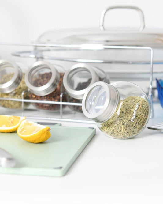 طقم توابل زجاجي من فيسمان، 4 قطع، سعة 195 مل، مع منظم رفوف