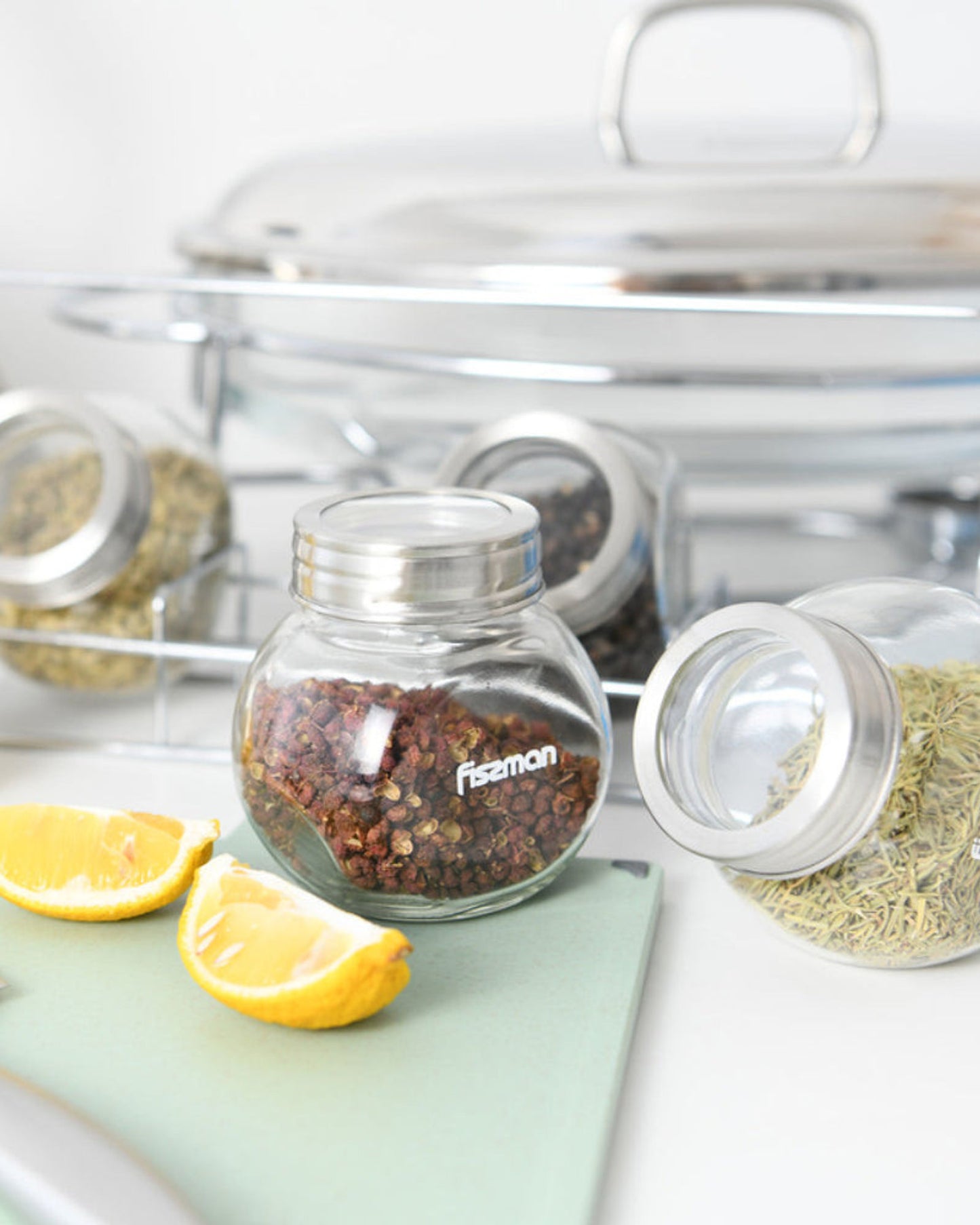 طقم توابل زجاجي من فيسمان، 4 قطع، سعة 195 مل، مع منظم رفوف