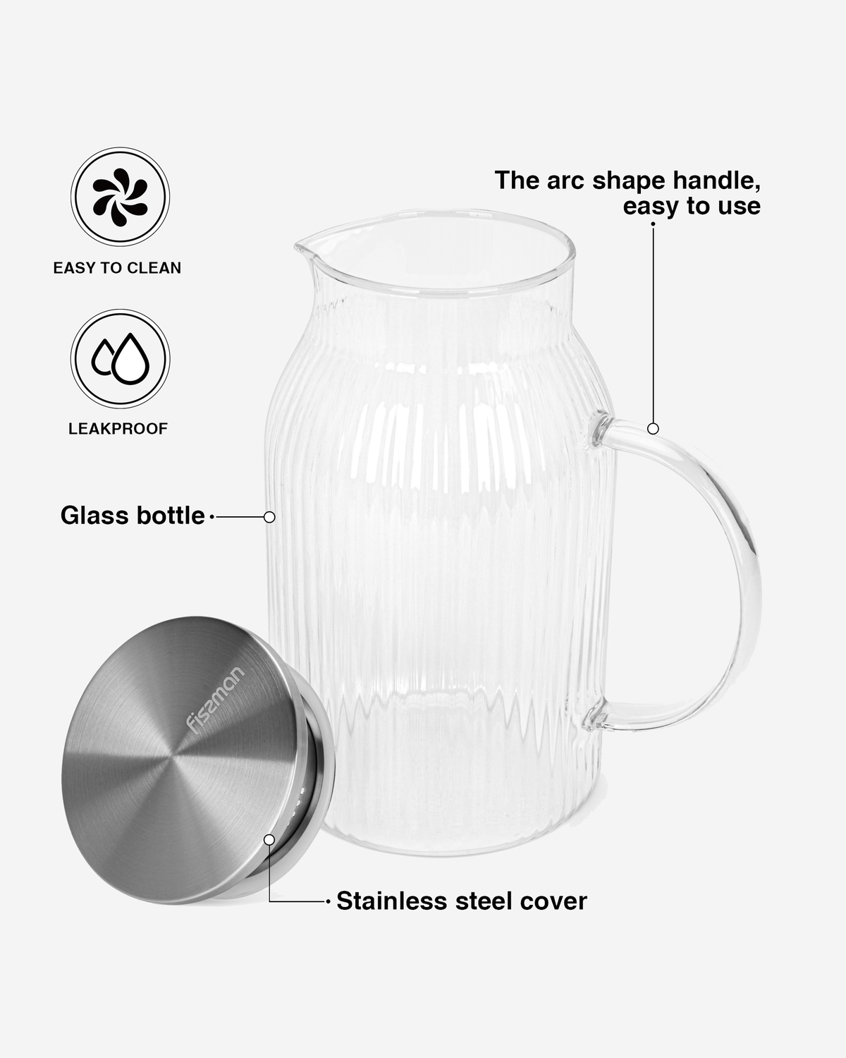 Fissman Glass Pitcher 1500ml Stainless Steel Silicone Lid