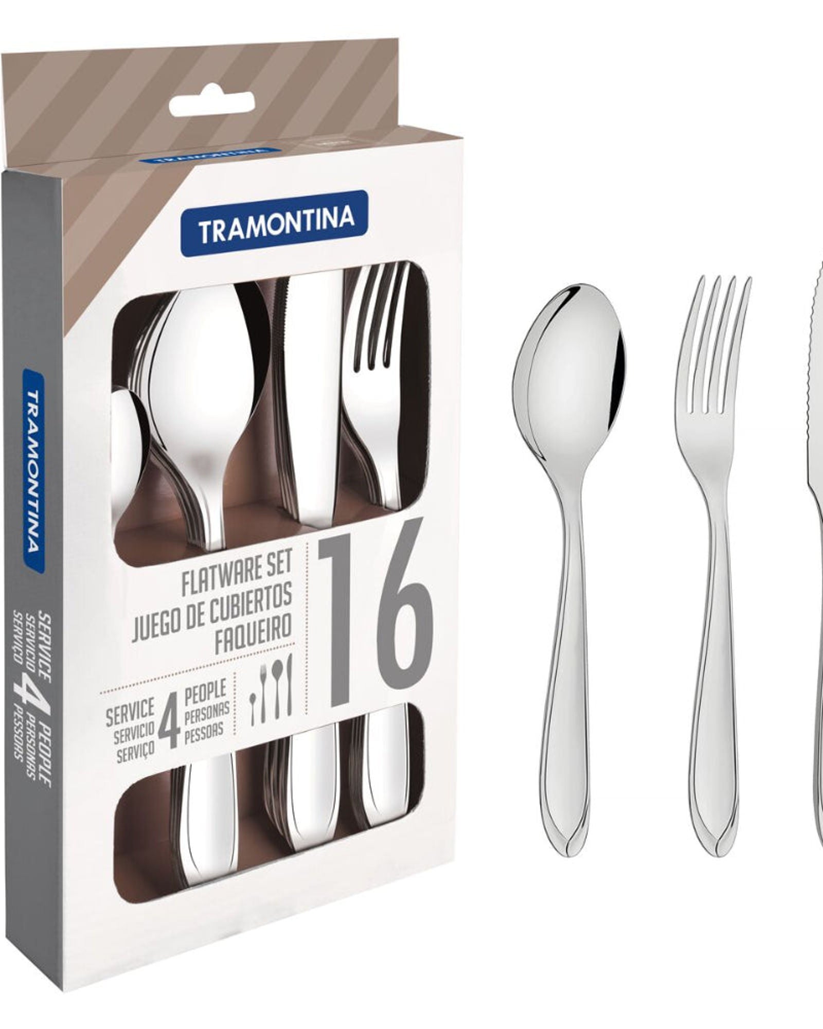 ترامونتينا، منذ عام ١٩١١، صُنع في البرازيل، طقم أدوات مائدة من الفولاذ المقاوم للصدأ، ١٦ قطعة