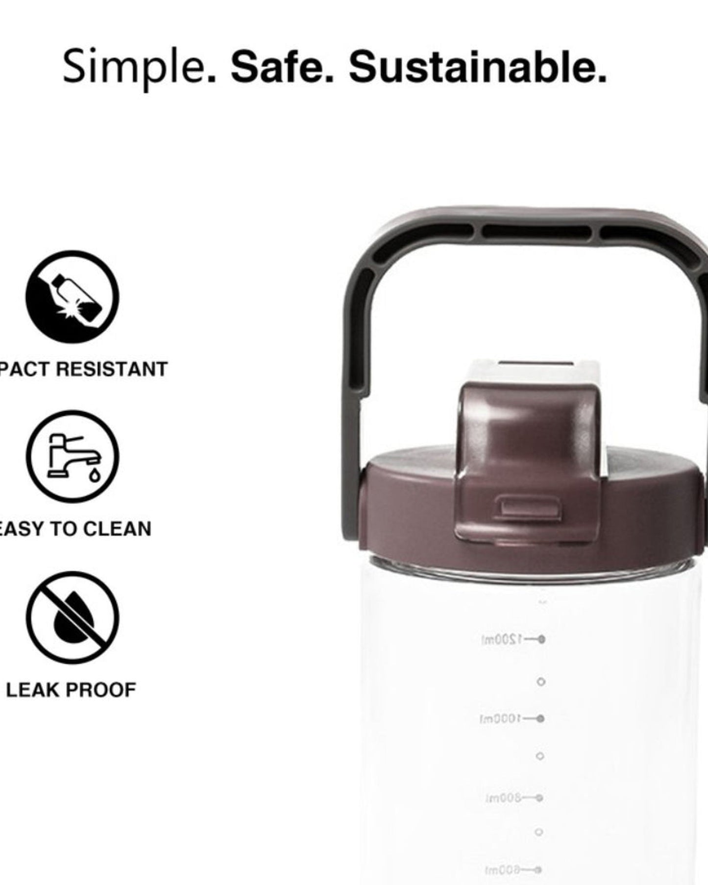 زجاجة مياه فيسمان سعة 1400 مل، بلاستيكية، خالية من مادة BPA، غير سامة، لون بني