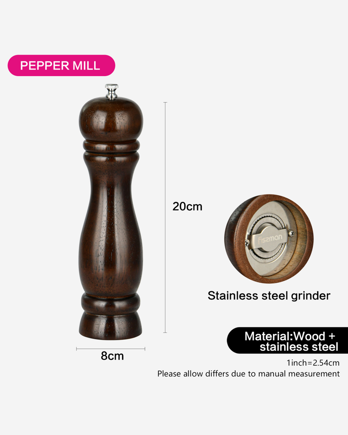 Fissman Pepper Mill Rubber Wood Body Stainless Steel Grinder 21cm