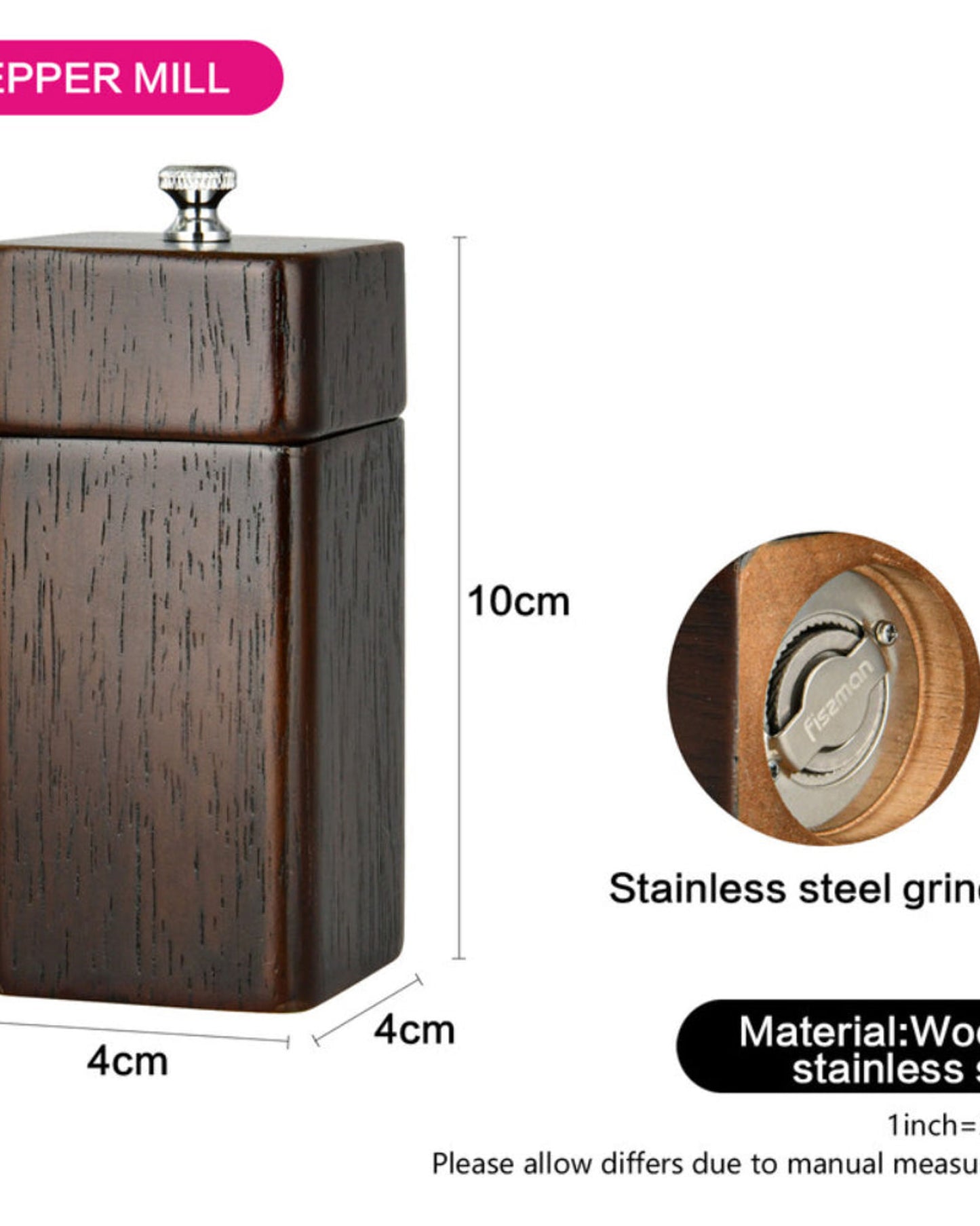 مطحنة فلفل مربعة الشكل من فيسمان، لون بني غامق، 11 × 5 سم