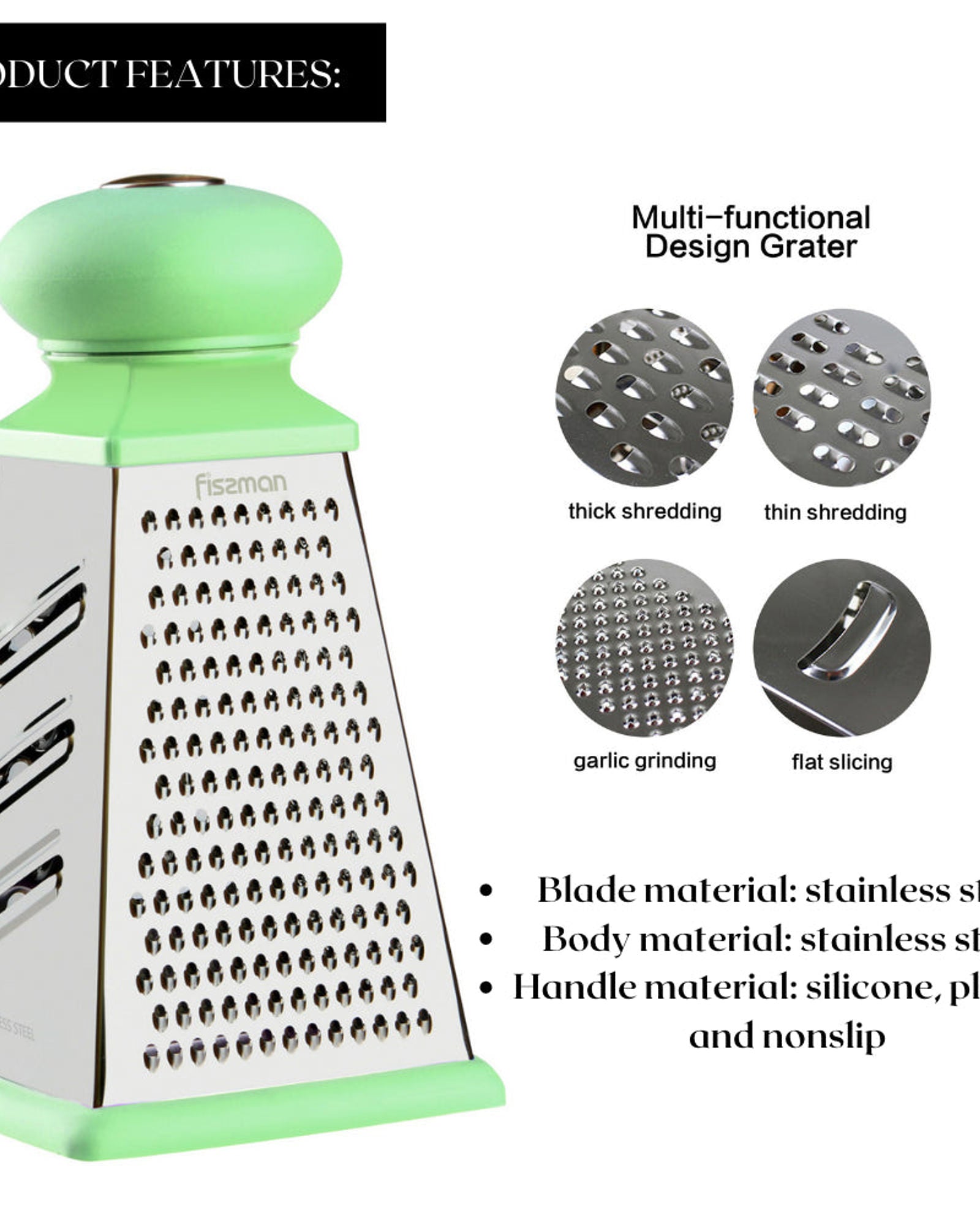 مبشرة فيسمان للخضراوات والجبن رباعية الجوانب، لون أخضر/فضي