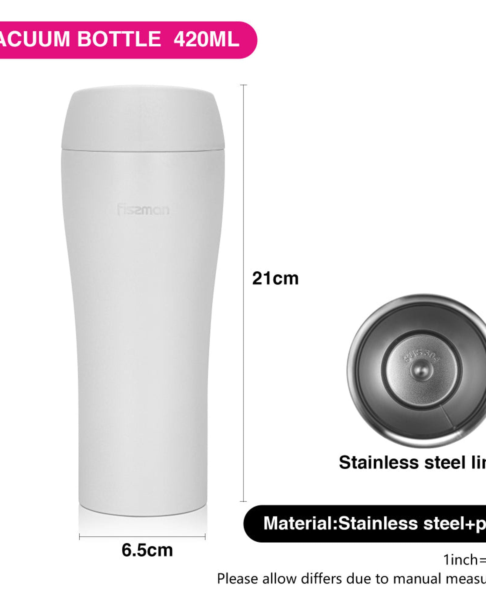 كوب سفر فيسمان مزدوج الجدار مفرغ من الهواء، 420 مل، لون أبيض من الفولاذ المقاوم للصدأ