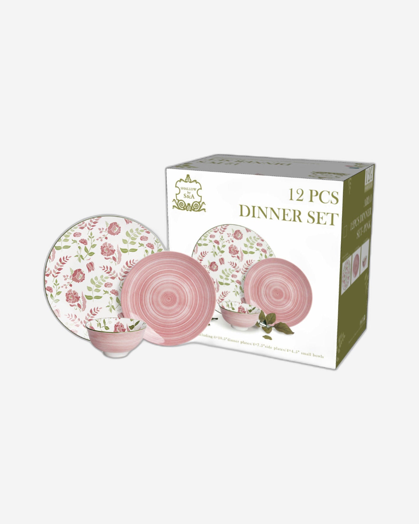 طقم عشاء أرلو من البورسلين الضحل، ١٢ قطعة، وردي، (٤ أطباق عشاء، ٤ أطباق جانبية، ٤ أوعية صغيرة)