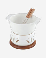 طقم فوندو من 4 قطع من البورسلين من خشب الأكاسيا الضحل مع ستانلس ستيل، أبيض وبني، 16 سم