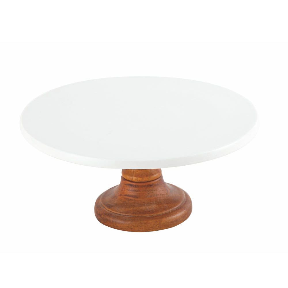 Shallow Acacia Wood Porcelain Cake Stand, 26cm, White & Brown
