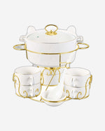 طقم شوربة من البورسلين من شالو لاكشري آش، مكون من 17 قطعة، مع حامل ذهبي - أبيض