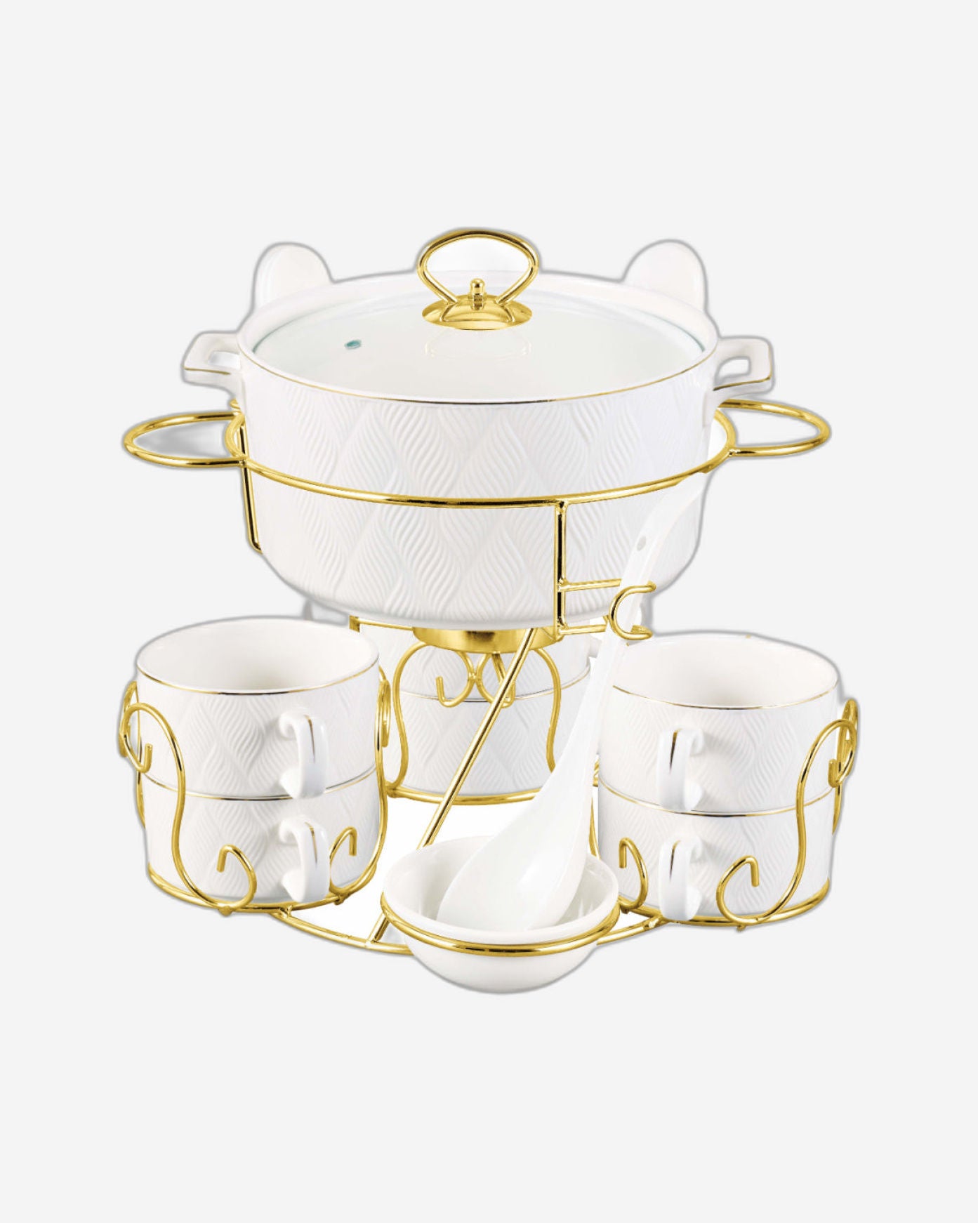 طقم شوربة من البورسلين من شالو لاكشري آش، مكون من 17 قطعة، مع حامل ذهبي - أبيض
