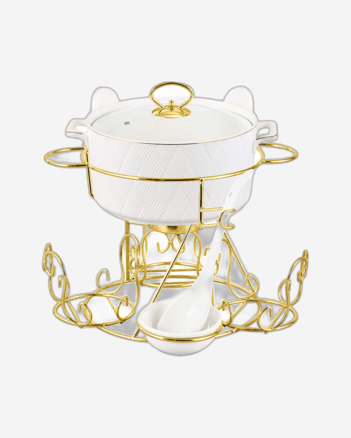 طقم شوربة من البورسلين من شالو لاكشري آش، مكون من 17 قطعة، مع حامل ذهبي - أبيض