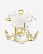 طقم شوربة من البورسلين من شالو لاكشري آش، مكون من 17 قطعة، مع حامل ذهبي - أبيض