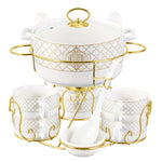 Shallow Badr 17 Piece Soup Set with Gold Stand - Luxurious White Porcelain