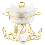 طقم شوربة شالو بدر ١٧ قطعة مع حامل ذهبي - بورسلين أبيض فاخر