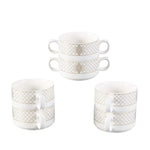 طقم شوربة شالو بدر ١٧ قطعة مع حامل ذهبي - بورسلين أبيض فاخر