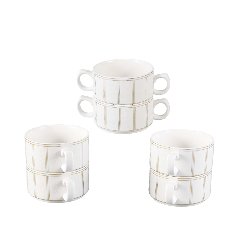 طقم حساء شالو ريتز، 17 قطعة، مع حامل ذهبي - أواني طعام فاخرة من البورسلين الأبيض، مثالية لتناول طعام أنيق، وعاء حساء