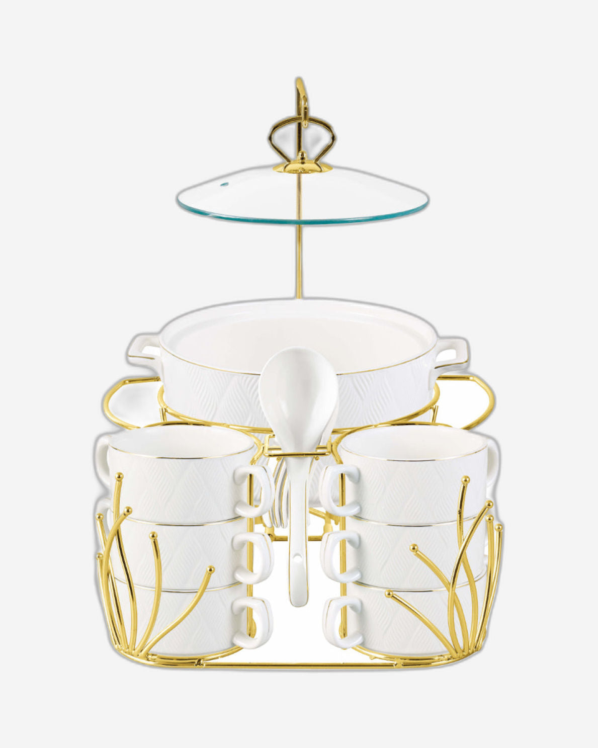 طقم شوربة شالو أمير، 16 قطعة، مع حامل ذهبي - أواني عشاء أنيقة من البورسلين الأبيض، مثالية لتناول طعام راقي، أوعية شوربة