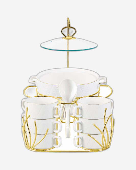 طقم شوربة شالو أمير، 16 قطعة، مع حامل ذهبي - أواني عشاء أنيقة من البورسلين الأبيض، مثالية لتناول طعام راقي، أوعية شوربة