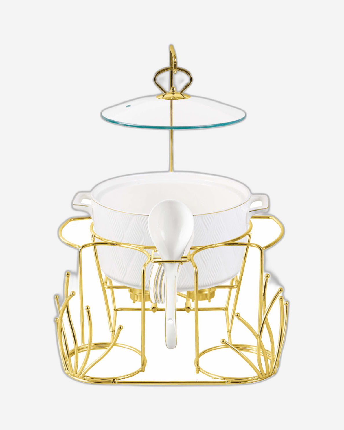 طقم شوربة شالو أمير، 16 قطعة، مع حامل ذهبي - أواني عشاء أنيقة من البورسلين الأبيض، مثالية لتناول طعام راقي، أوعية شوربة