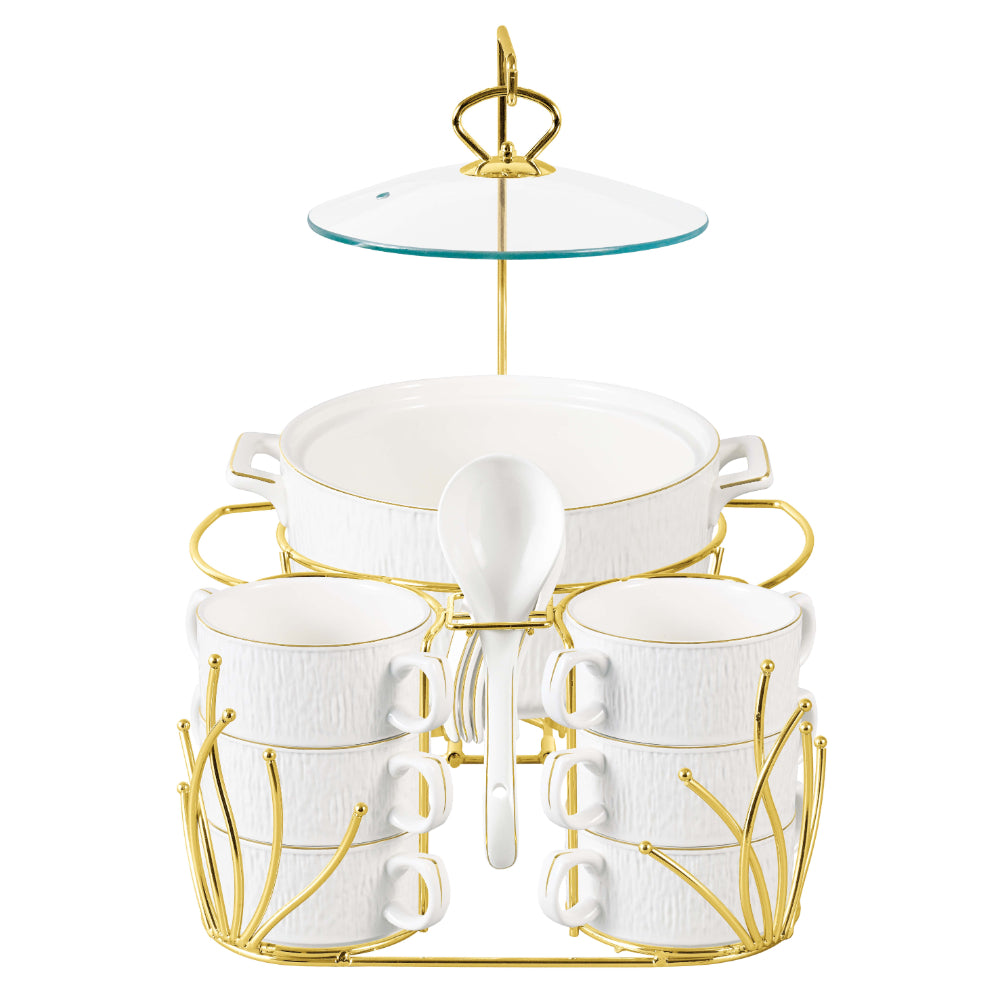 Shallow 16 Piece Gyza Soup Set with Gold Stand - Stylish Dining with Elegant White Porcelain Dinnerware, Soup Bowls