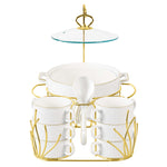 Shallow 16 Piece Gyza Soup Set with Gold Stand - Stylish Dining with Elegant White Porcelain Dinnerware, Soup Bowls