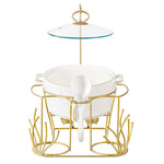 طقم حساء شالو جيزا، 16 قطعة، مع حامل ذهبي غير لامع - أواني عشاء أنيقة من البورسلين الأبيض، مثالية لتناول طعام راقي، أوعية حساء