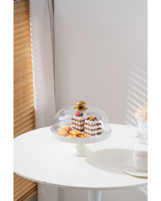 طبق كيك أبيض أنيق من البورسلين مقاس 27 سم مع غطاء بلاستيكي