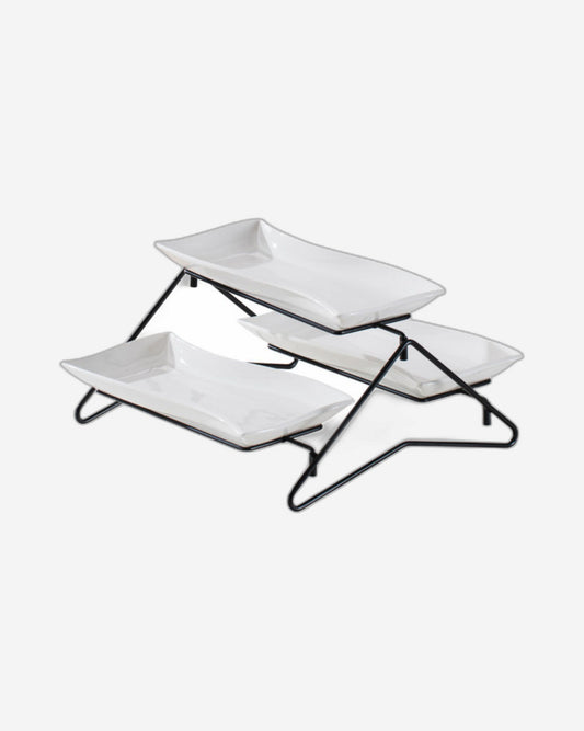 طبق بورسلين أنيق من شالو، مستطيل الشكل، أبيض اللون، مكون من طبقتين، مع حامل أسود