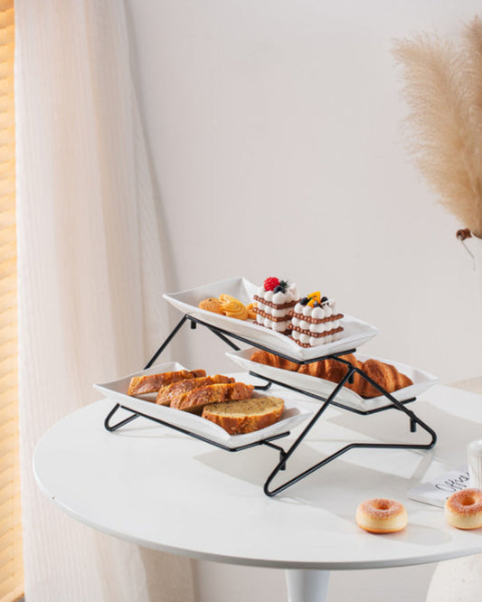 طبق بورسلين أنيق من شالو، مستطيل الشكل، أبيض اللون، مكون من طبقتين، مع حامل أسود