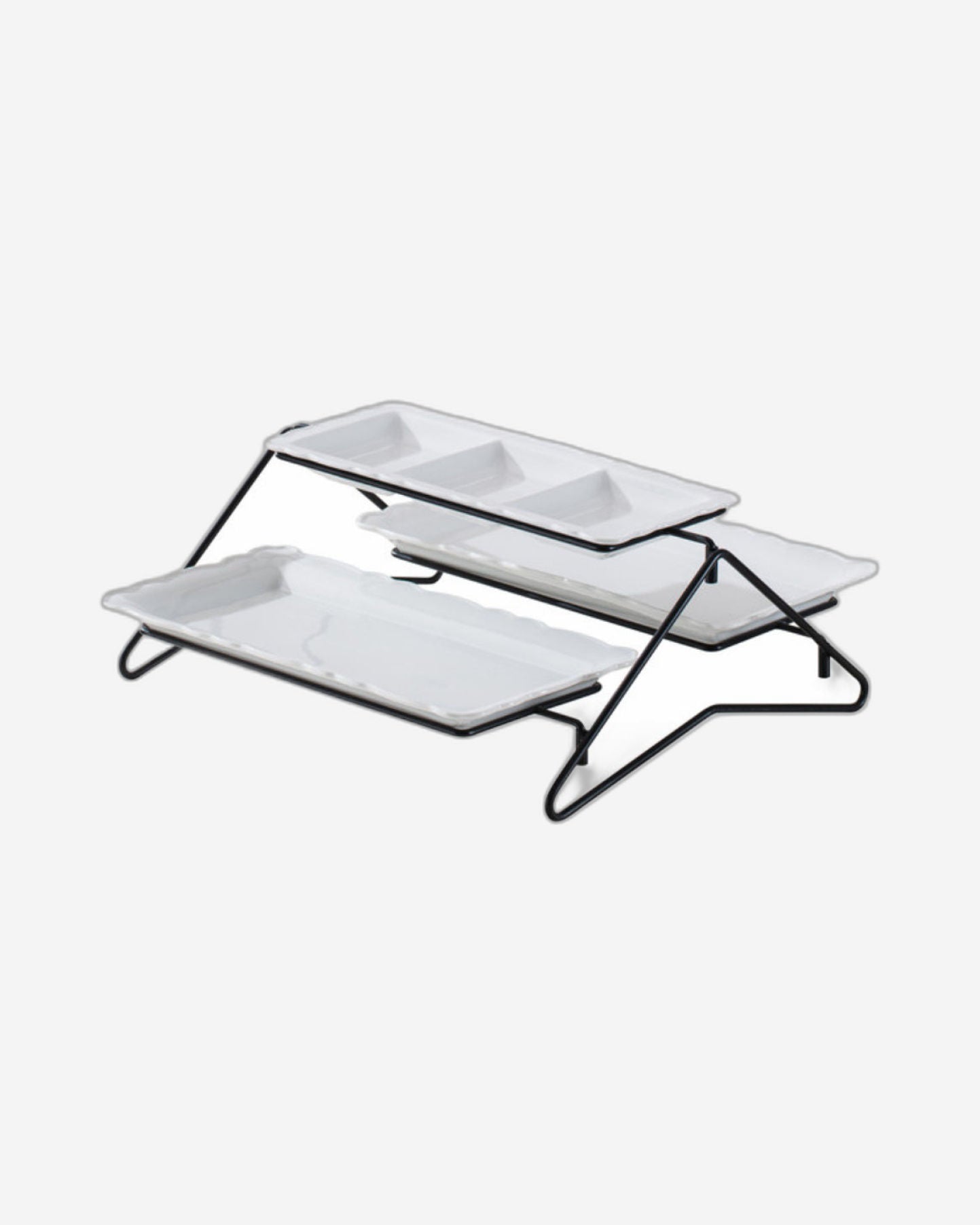 طبق بورسلين أبيض مستطيل أنيق من طبقتين مع حامل أسود (طبق صغير 33 سم، طبق كبير 36 سم)