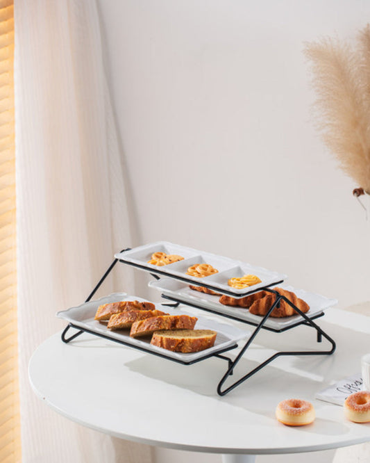 طبق بورسلين أبيض مستطيل أنيق من طبقتين مع حامل أسود (طبق صغير 33 سم، طبق كبير 36 سم)