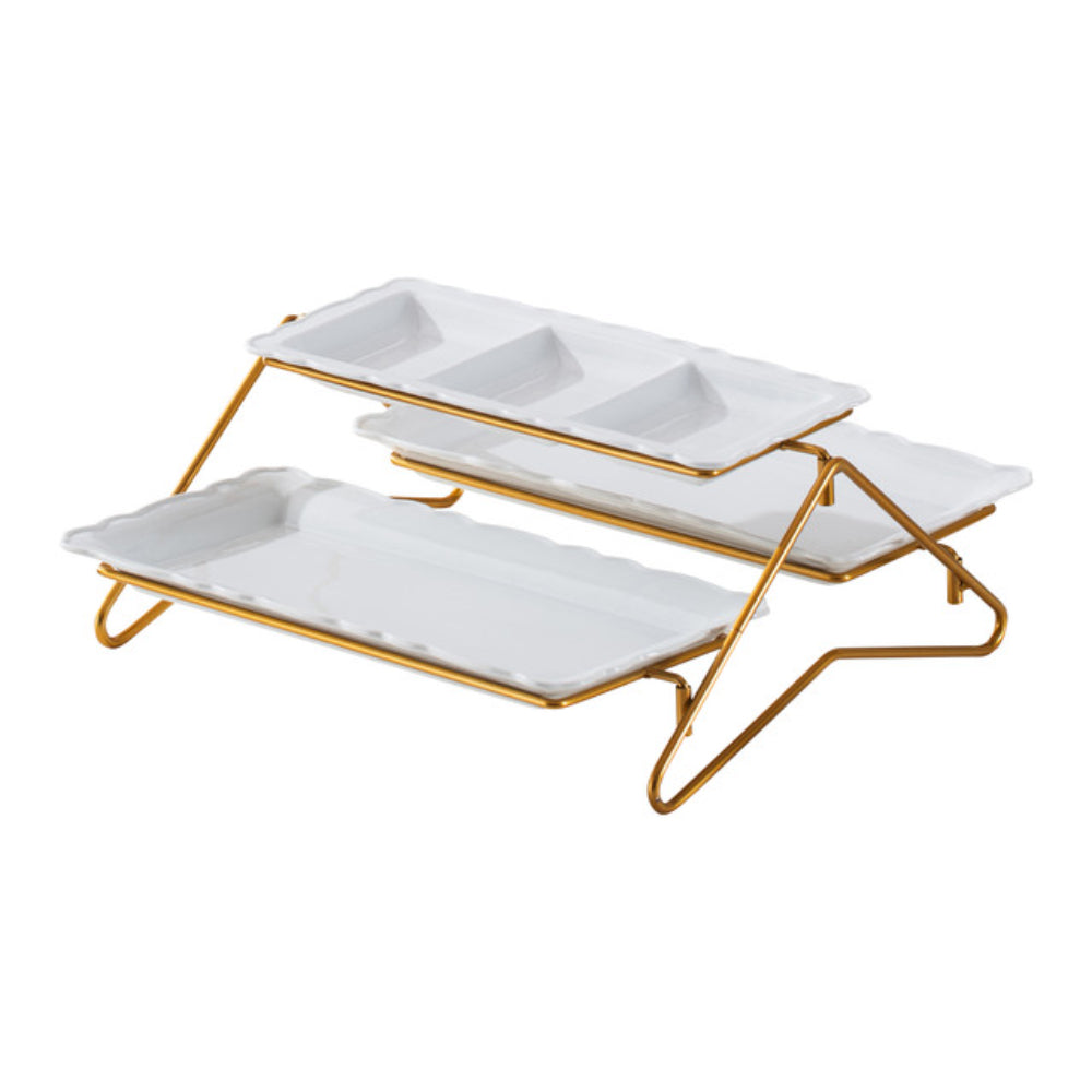 Shallow Elegant Porcelain 2 Tier Rectangle White Plate with Gold Stand (Small Plate 33cm, Large Plate 36cm)