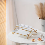 طبق بورسلين أبيض مستطيل أنيق من طبقتين مع حامل ذهبي (طبق صغير 33 سم، طبق كبير 36 سم)