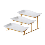 Shallow Elegant Porcelain 3 Tier Rectangle White 33cm Plate with Gold Stand