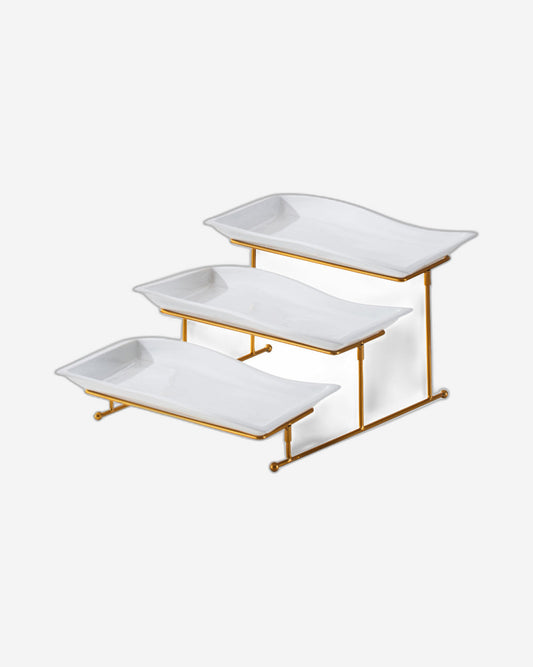 طبق بورسلين أنيق من شالو، مستطيل الشكل، أبيض، 33 سم، بثلاث طبقات، مع حامل ذهبي