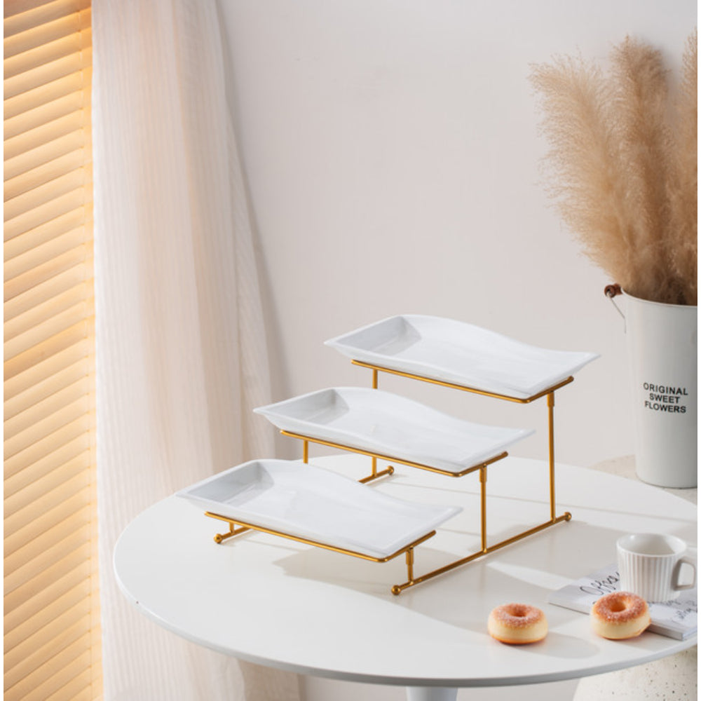 طبق بورسلين أنيق من شالو، مستطيل الشكل، أبيض، 33 سم، بثلاث طبقات، مع حامل ذهبي