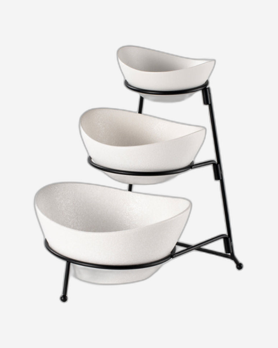 طقم أوعية تقديم من البورسلين الأبيض بثلاث طبقات مع حامل أسود أنيق (وعاء صغير ١٣ سم، وعاء متوسط ١٦ سم، وعاء كبير ١٩ سم)