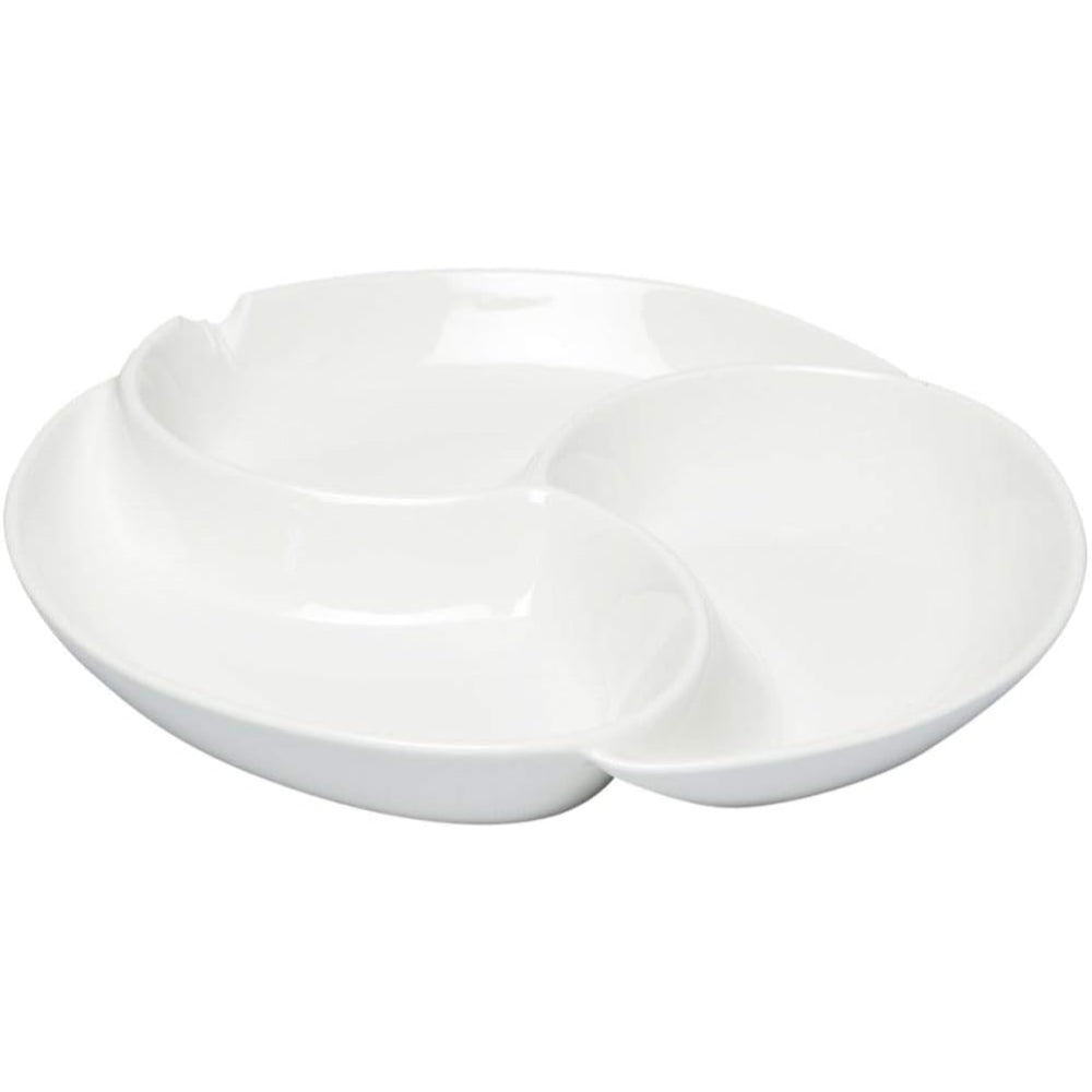 Shallow 12" Porcelain Round 3-Compartment Dish, White, 30 cm - Durable Serving Platter for Appetizers, Snacks, and Dips