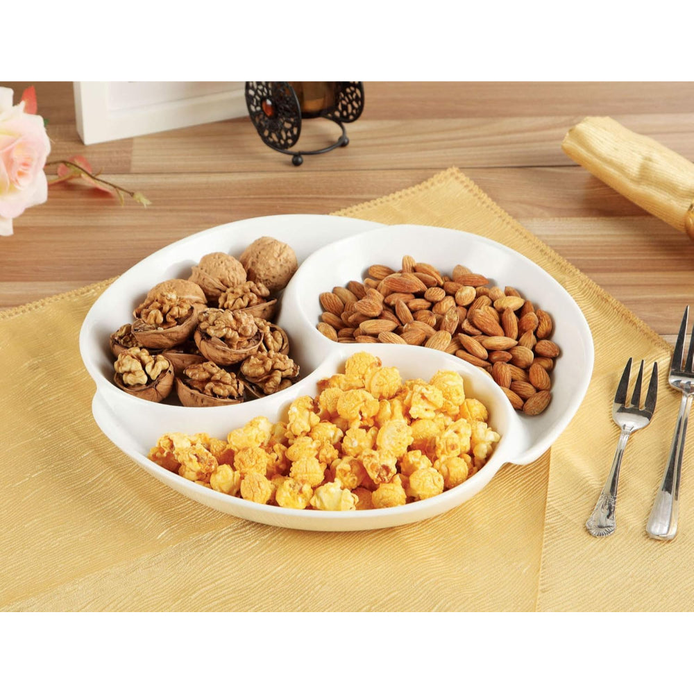 طبق تقديم دائري من البورسلين، 3 أقسام، 12 بوصة، أبيض، 30 سم - طبق تقديم متين للمقبلات والوجبات الخفيفة والصلصات