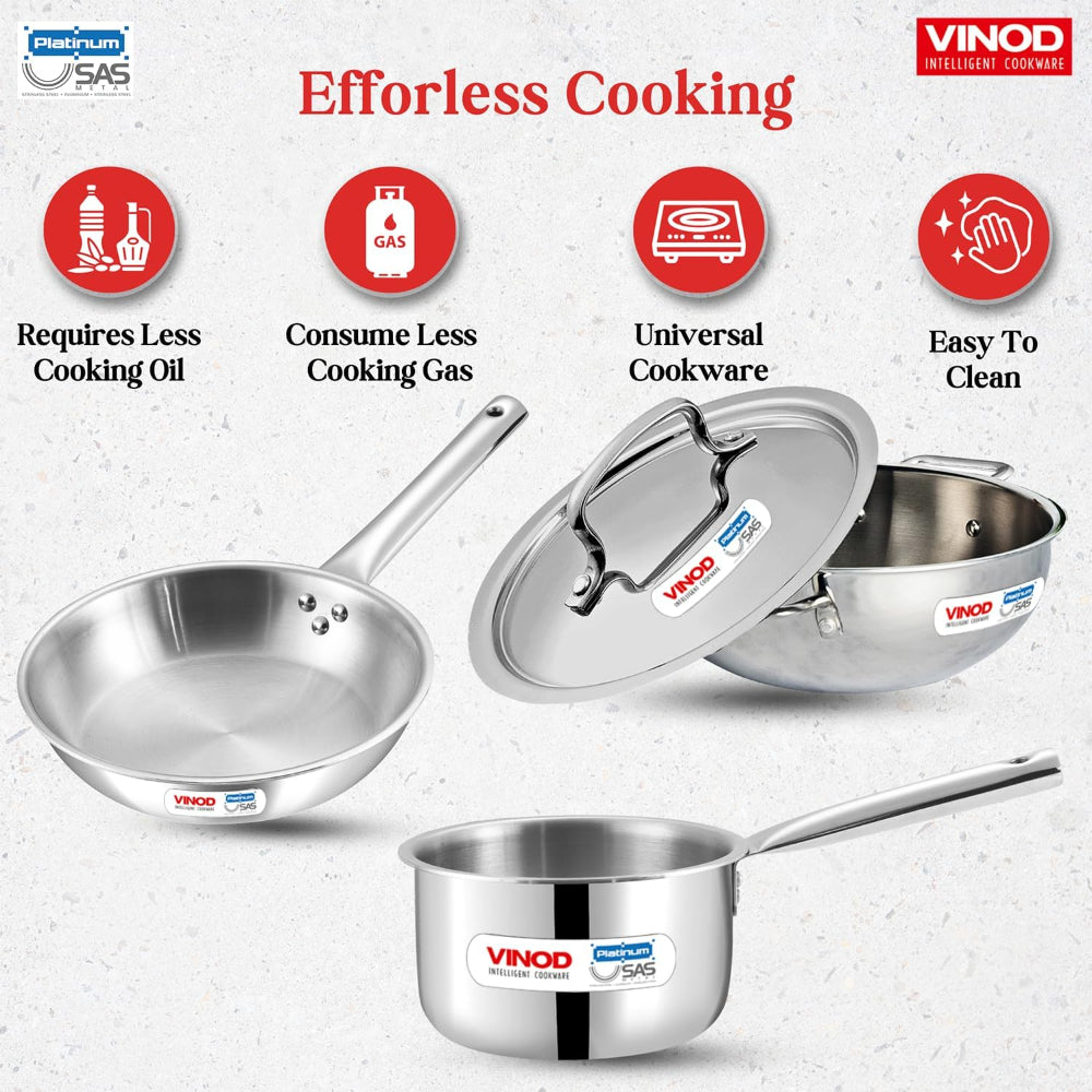 طقم أواني طهي فينود بلاتينيوم تريبلي من الفولاذ المقاوم للصدأ - 4 قطع، مقلاة (24 سم، 3.3 لتر)، مقلاة (24 سم، 2.2 لتر) مع غطاء مشترك، قدر (16 سم، 1.6 لتر)