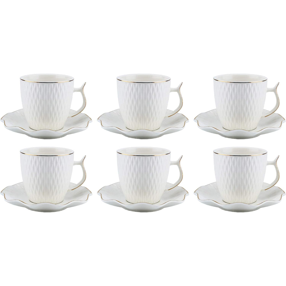 Shallow Bone China Coffee Cup and Saucer Set, 12-Piece – White/Gold, 90ml