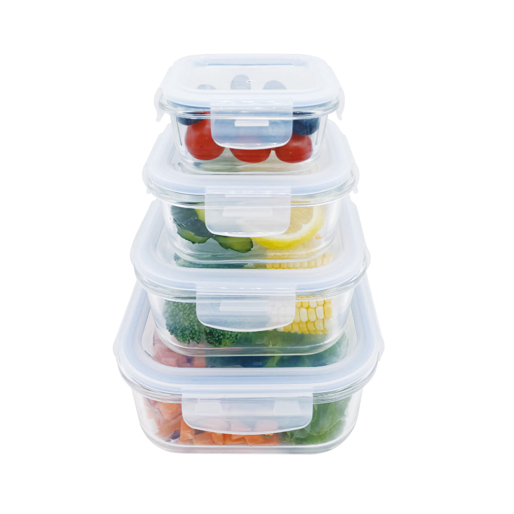 Cuisine Art Jura High Borosilicate Glass Square Food Container Set with PP Lid, 4 Pieces (300, 500, 800, 1200ml)