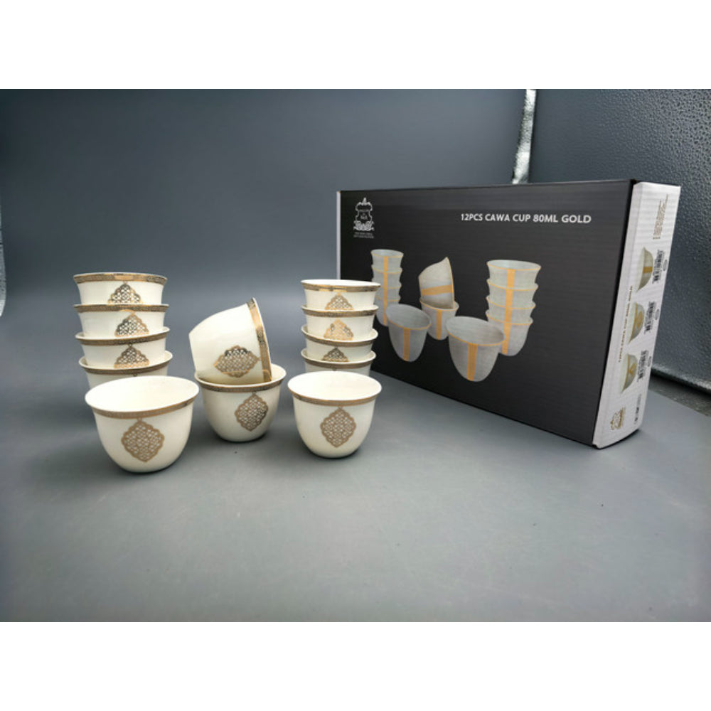 Shallow Porcelain Zain Cawa Cup, 80ml (12 Pieces, White & Gold)