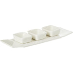 Shallow Porcelain 3-Dish Condiment Set with Long Plate, White – Elegant Serving Set for Sauces, Spices, and More