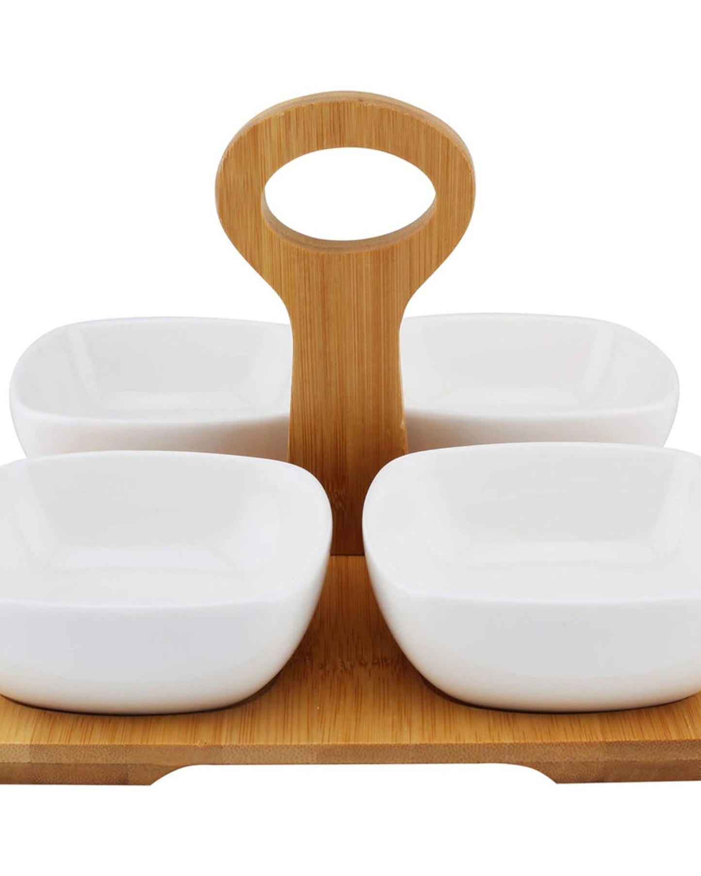 أوعية خزفية ضحلة مع صينية ومقبض من الخيزران، أبيض/بني، 4 قطع