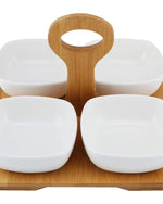 أوعية خزفية ضحلة مع صينية ومقبض من الخيزران، أبيض/بني، 4 قطع