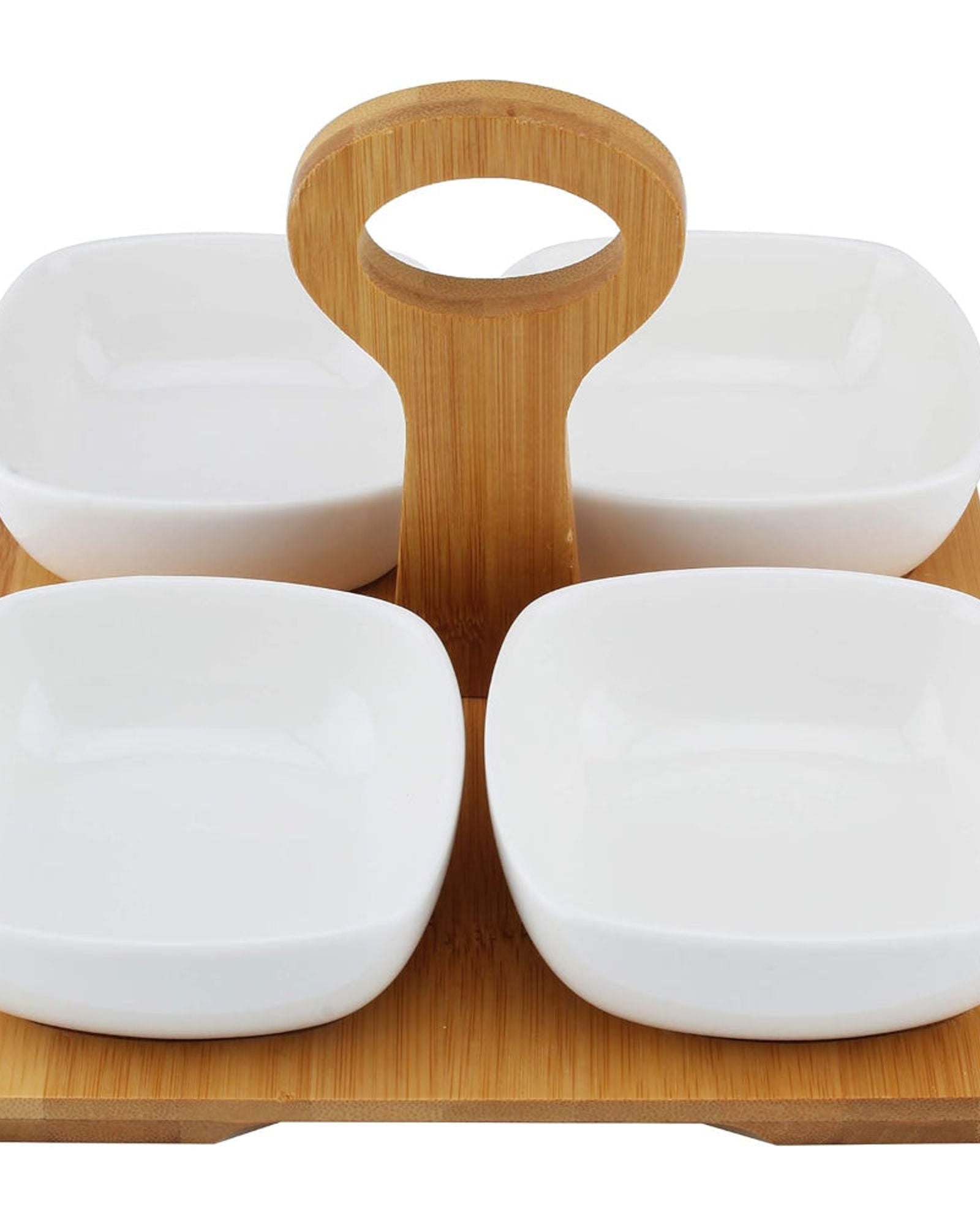 أوعية خزفية ضحلة مع صينية ومقبض من الخيزران، أبيض/بني، 4 قطع